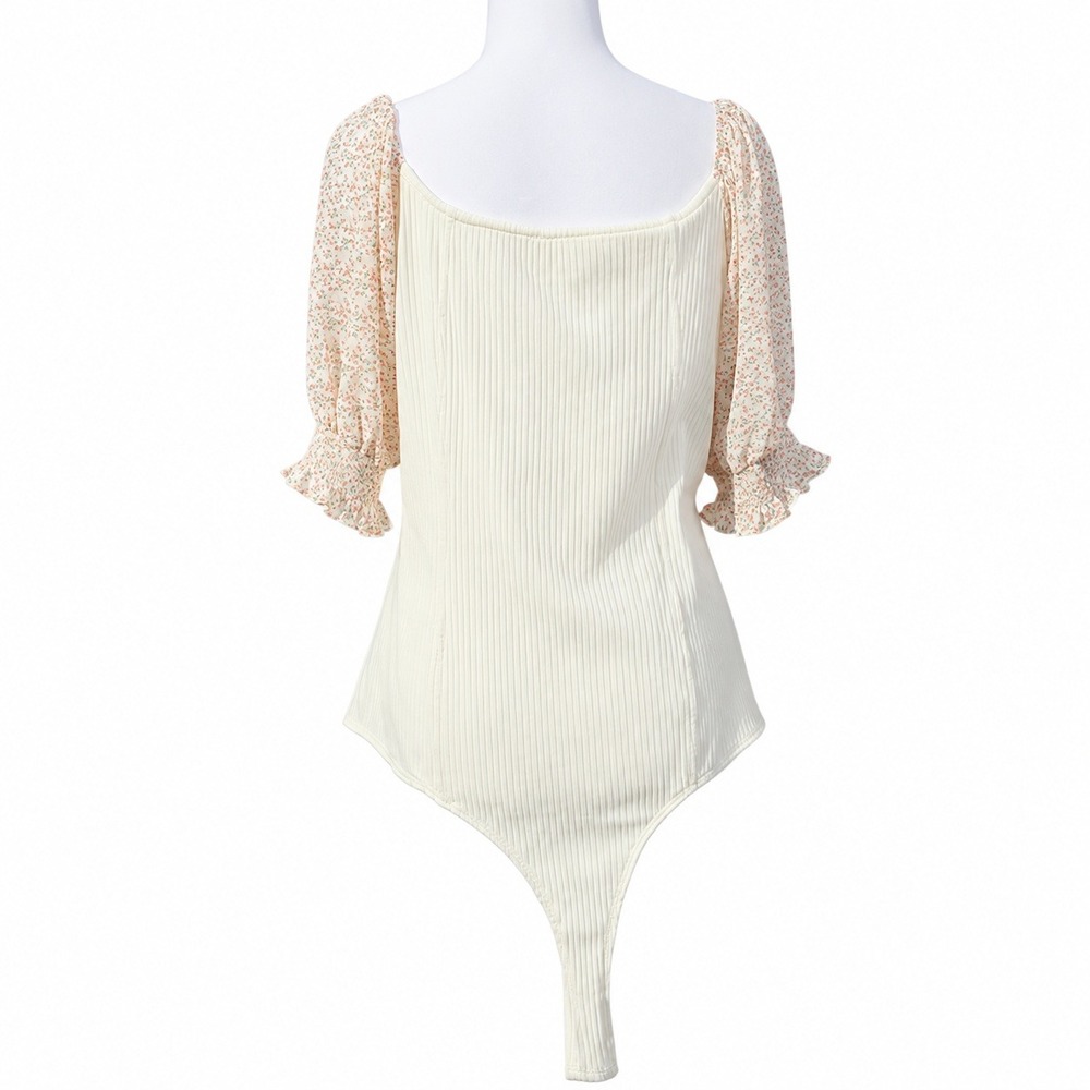 Heyson Floral Puff Sleeve Ribbed Bodysuit Cream Pink 1XL New NWT Cottagecore - Picture 2 of 12